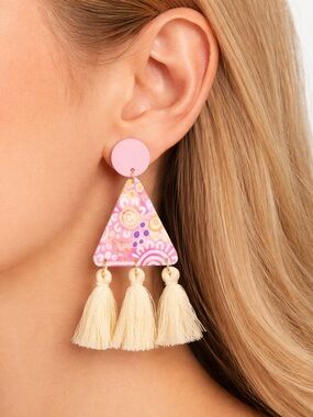 Floral Triangle Tassel Earrings | Pink Stud Acrylic Boho Drop